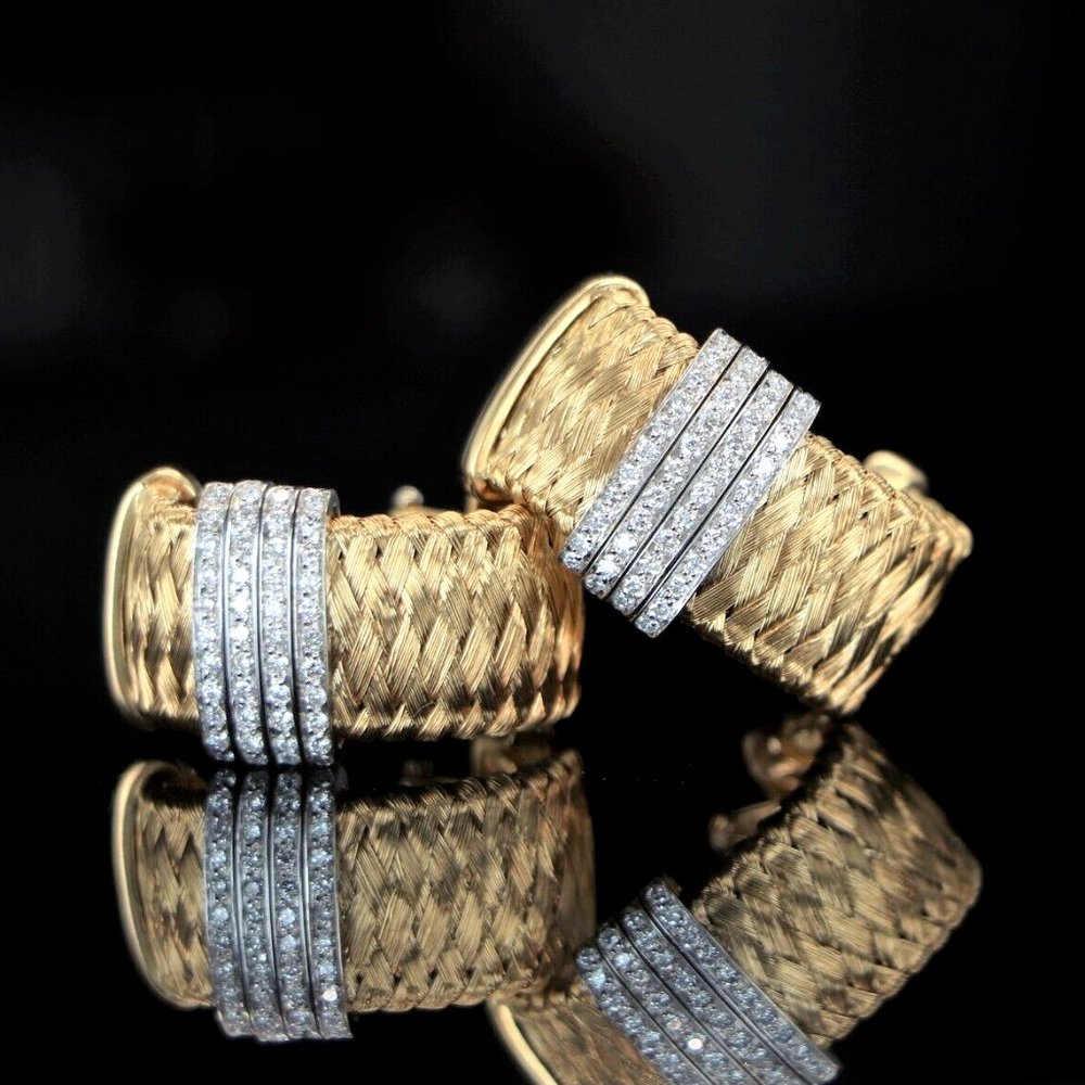 19817 Roberto Coin 18K Yellow Gold Basket Silk Weave Diamond Omega Back Earrings